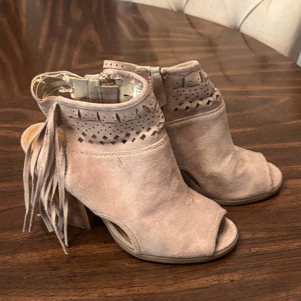 Beige Suede Peep-Toe Ankle Booties